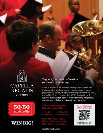 Raffle poster with young chorister, brass player, sheet music